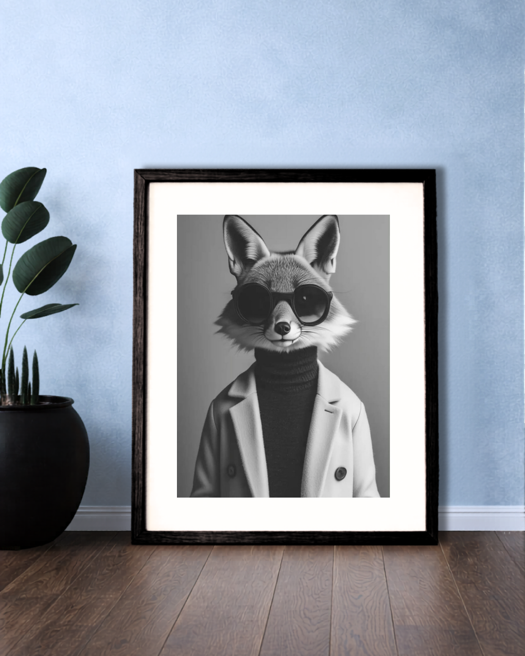 Black & White Elegant Fox Framed Portrait.
