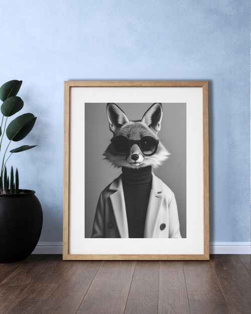 Black & White Elegant Fox Framed Portrait.